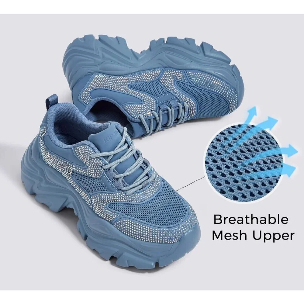 Women Leather Blue Rhinestone Comfortable Wedge Walking Sport Sneakers Shoes